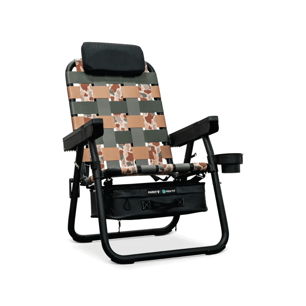 PARKIT Free Fly Eclipse Recliner in Vintage Camo pattern, a premium outdoor chair featuring a 3-in-1 design with backpack straps, built-in cooler, and cup holder, crafted from aerospace-grade aluminum for rugged durability and all-day comfort from an amazing folding outdoor beach and camping chair