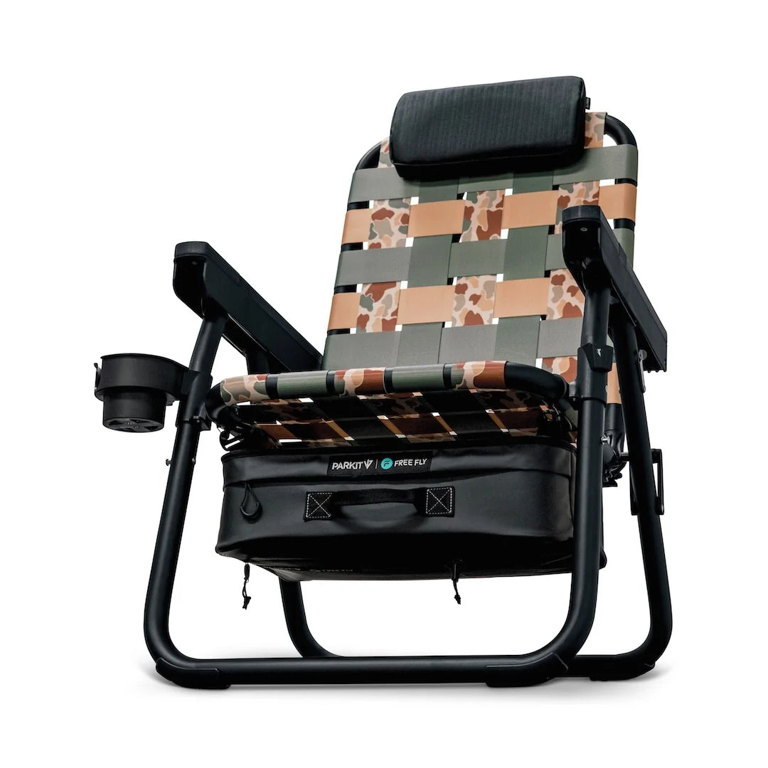 PARKIT Free Fly Eclipse Recliner in Vintage Camo pattern, the best folding outdoor chair for dads, moms, campers, and beach lovers. This premium 3-in-1 recliner doubles as a backpack chair with a built-in cooler and cup holder, crafted from aerospace-grade aluminum for comfort, durability, and everyday adventure at the beach, campsite, or backyard.