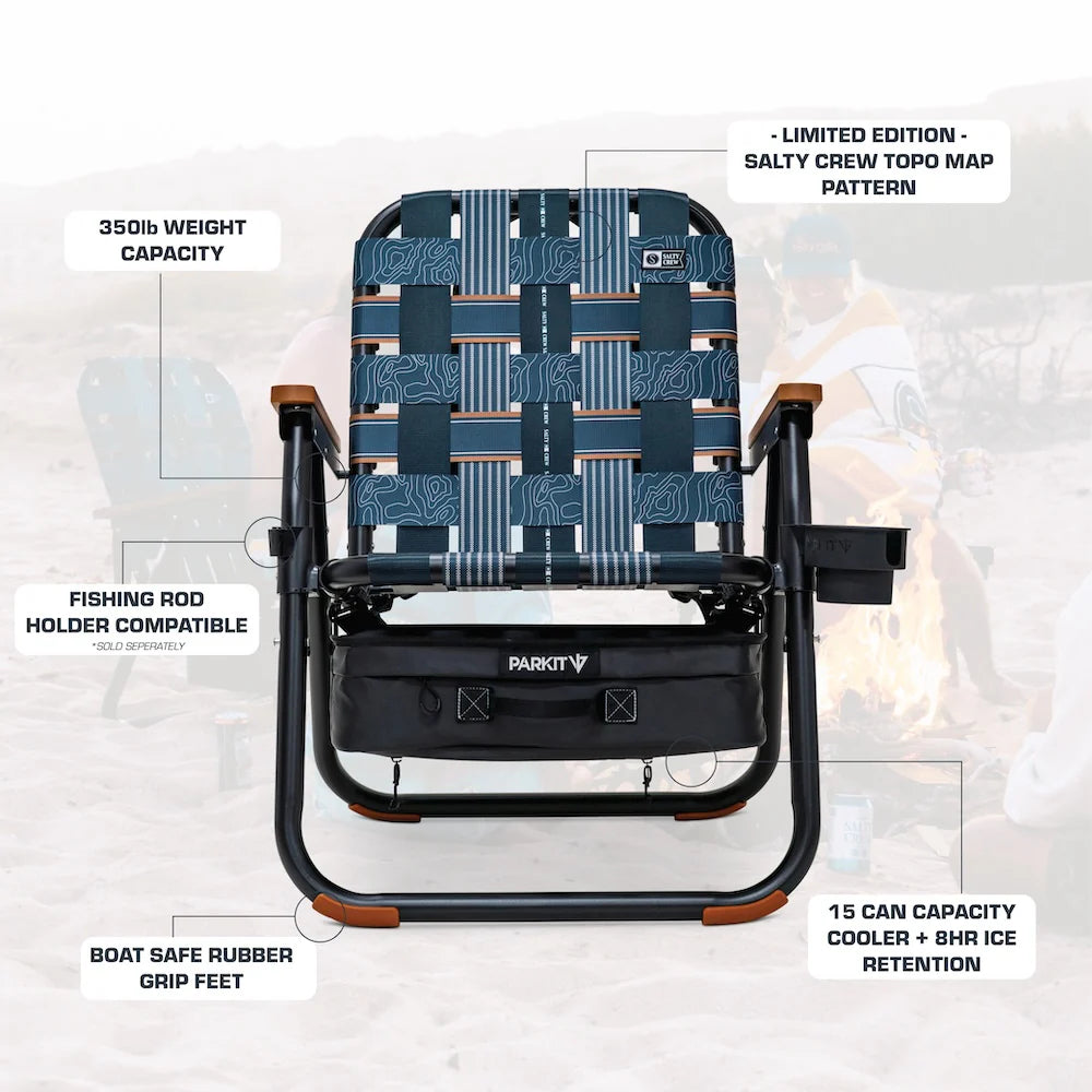 PARKIT x Salty Crew Voyager Chair in limited-edition topo-map pattern, featuring woven webbing, black steel frame, wooden armrests, built-in cooler, cup holder, and backpack straps, rugged 3-in-1 outdoor chair built for surf, fish, and adventure.