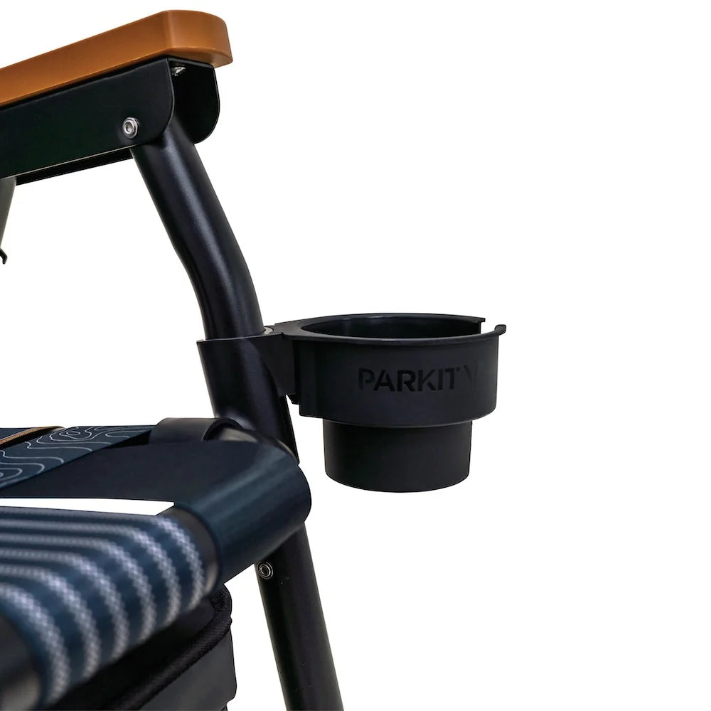 PARKIT x Salty Crew Voyager Chair in limited-edition topo-map pattern, featuring woven webbing, black steel frame, wooden armrests, built-in cooler, cup holder, and backpack straps, rugged 3-in-1 outdoor chair built for surf, fish, and adventure.